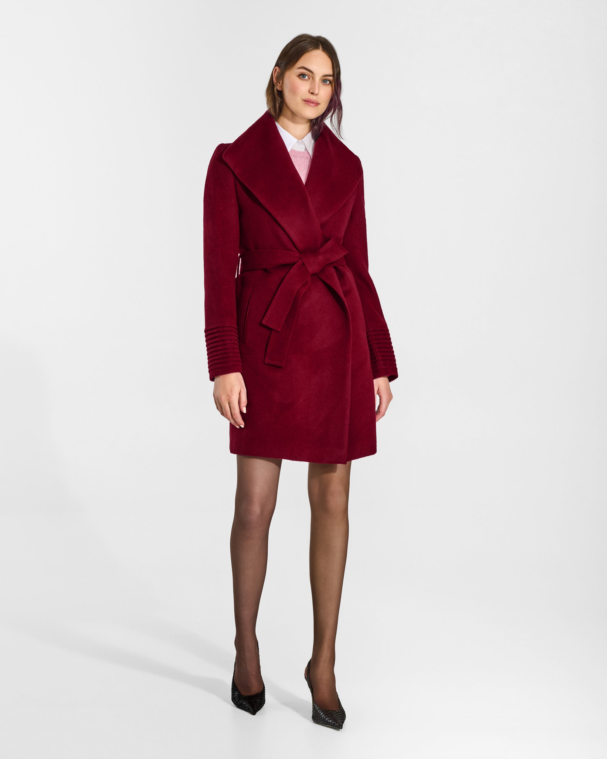 Mid Length Shawl Collar Wrap Coat - Garnet Red – SENTALER