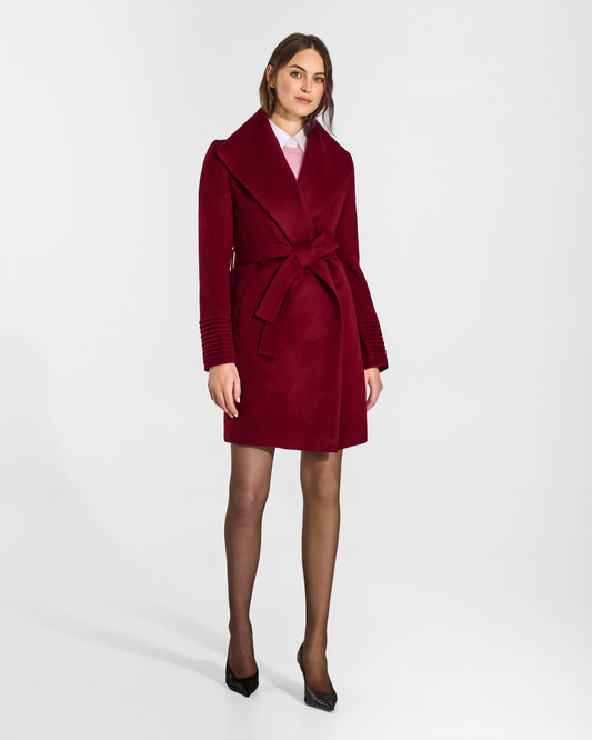 SENTALER Mid Length Shawl Collar Wrap Coat in Garnet Red, Baby Alpaca. Worn by a female model, front view, belted.