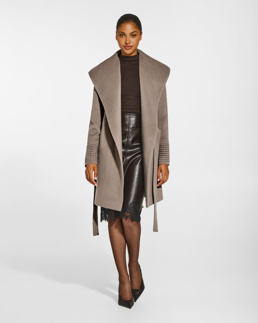 SENTALER Mid Length Shawl Collar Wrap Coat in Warm Taupe, Baby Alpaca. Worn by a female model, front view, open.