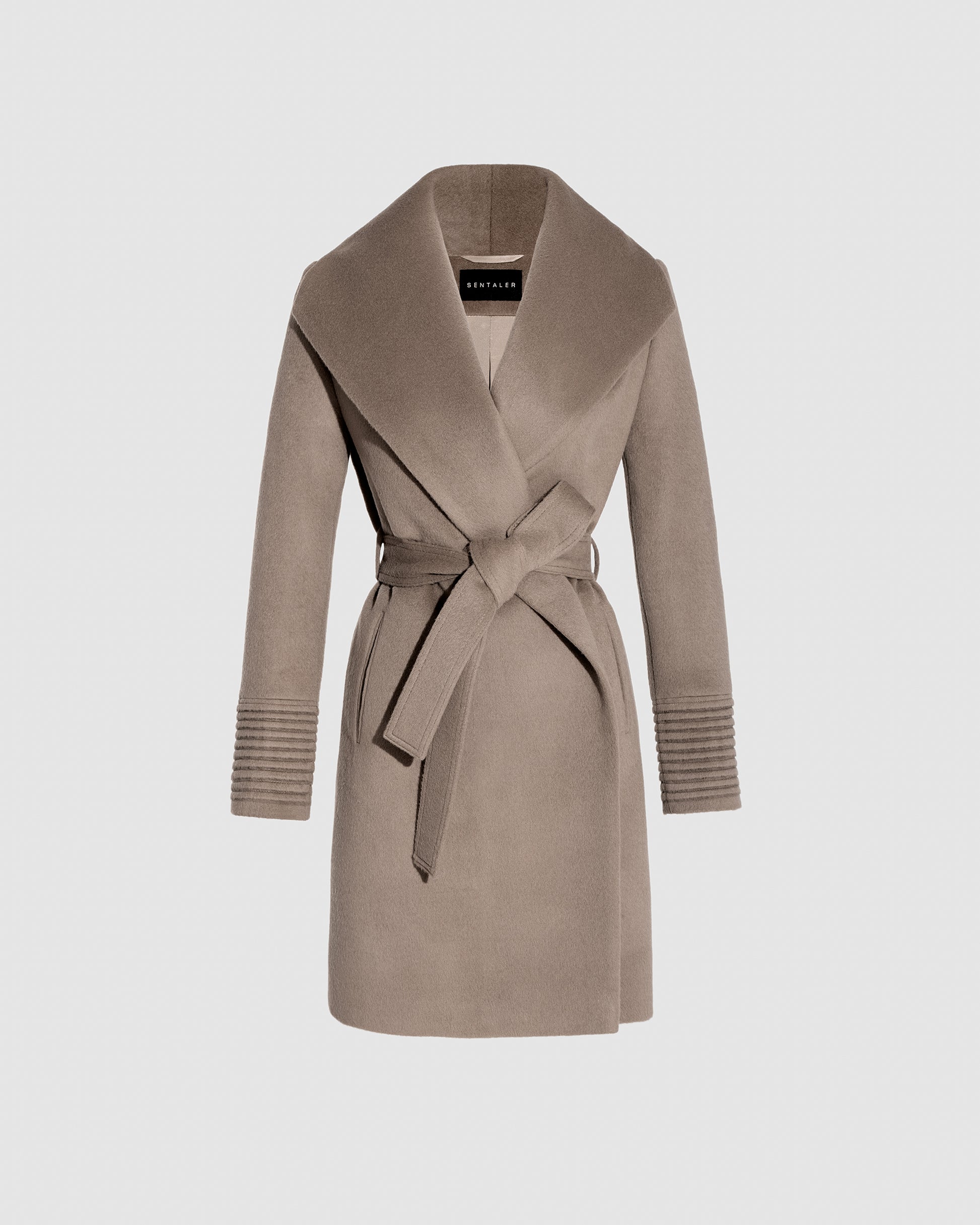 SENTALER Mid Length Shawl Collar Wrap Coat in Warm Taupe, Baby Alpaca. Off-figure, belted.