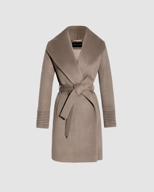SENTALER Mid Length Shawl Collar Wrap Coat in Warm Taupe, Baby Alpaca. Off-figure, belted.