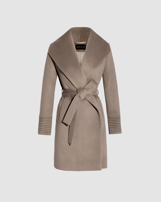 SENTALER Mid Length Shawl Collar Wrap Coat in Warm Taupe, Baby Alpaca. Off-figure, belted.