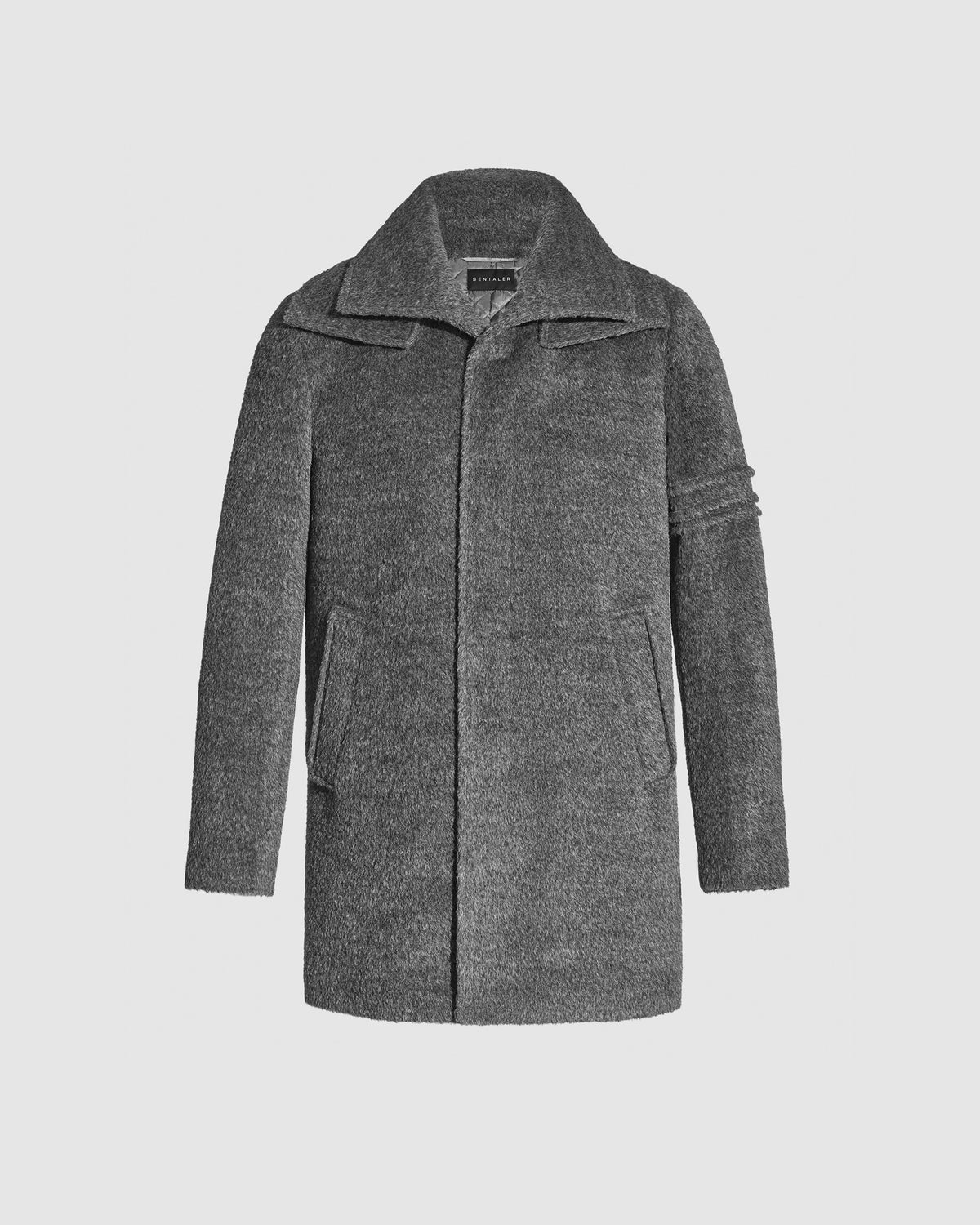 SENTALER Double Collar Topcoat in Grey Mélange, Bouclé Alpaca — off-figure, front view.