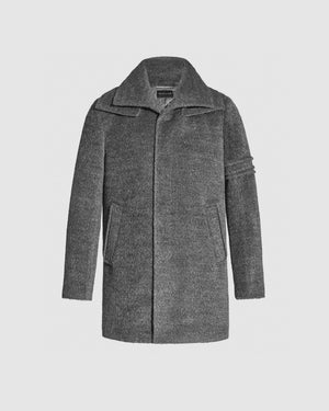 SENTALER Double Collar Topcoat in Grey Mélange, Bouclé Alpaca — off-figure, front view.