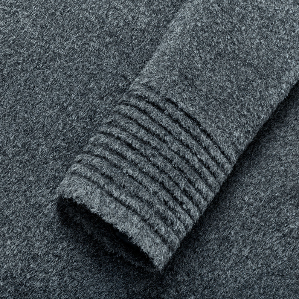 SENTALER Moto Jacket with Signature Double Collar in Graphite, Bouclé Alpaca. Flat lay, close-up garment.