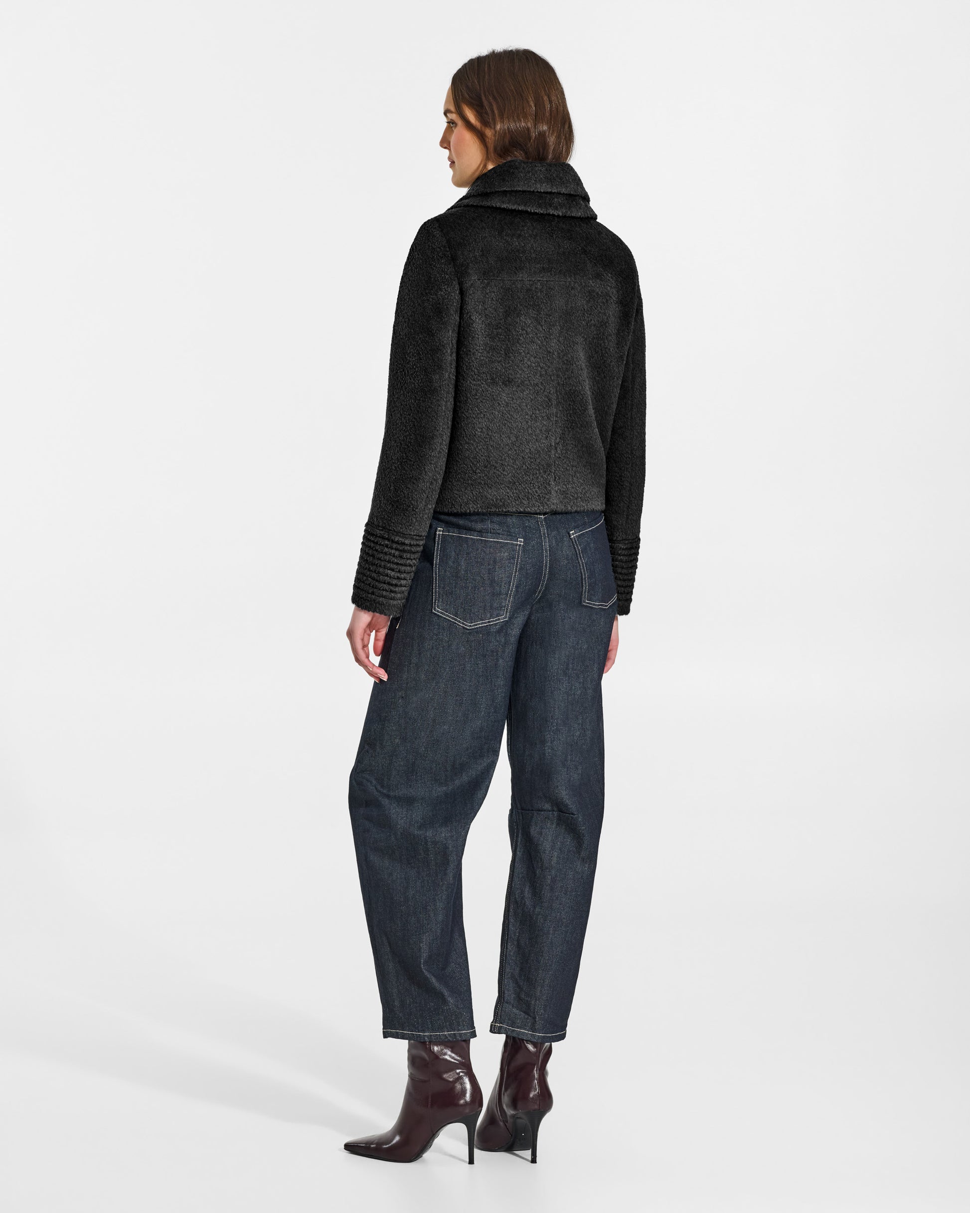 SENTALER Moto Jacket with Signature Double Collar in Black, Bouclé Alpaca. Worn by a female model, back view, buttoned.