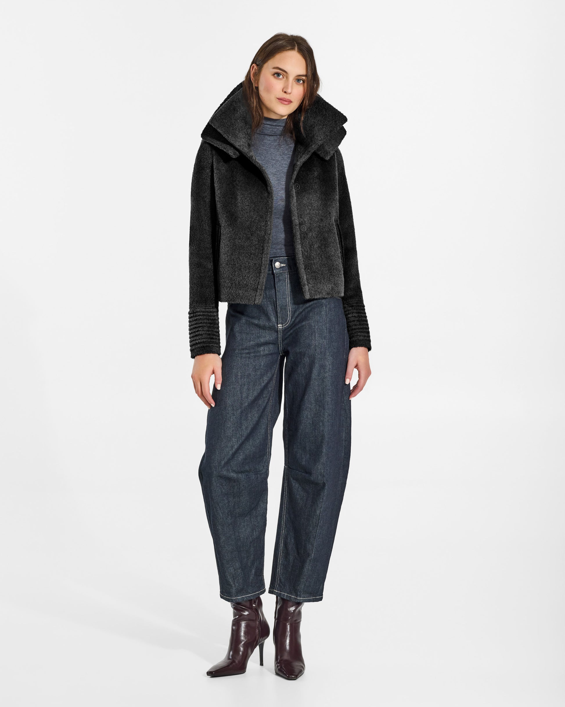 SENTALER Moto Jacket with Signature Double Collar in Black, Bouclé Alpaca. Worn by a female model, front view, open.