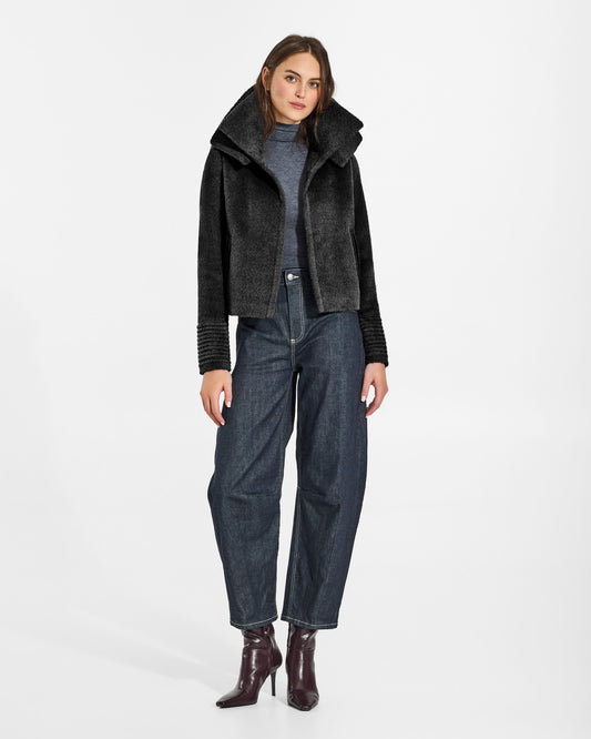 SENTALER Moto Jacket with Signature Double Collar in Black, Bouclé Alpaca. Worn by a female model, front view, open.