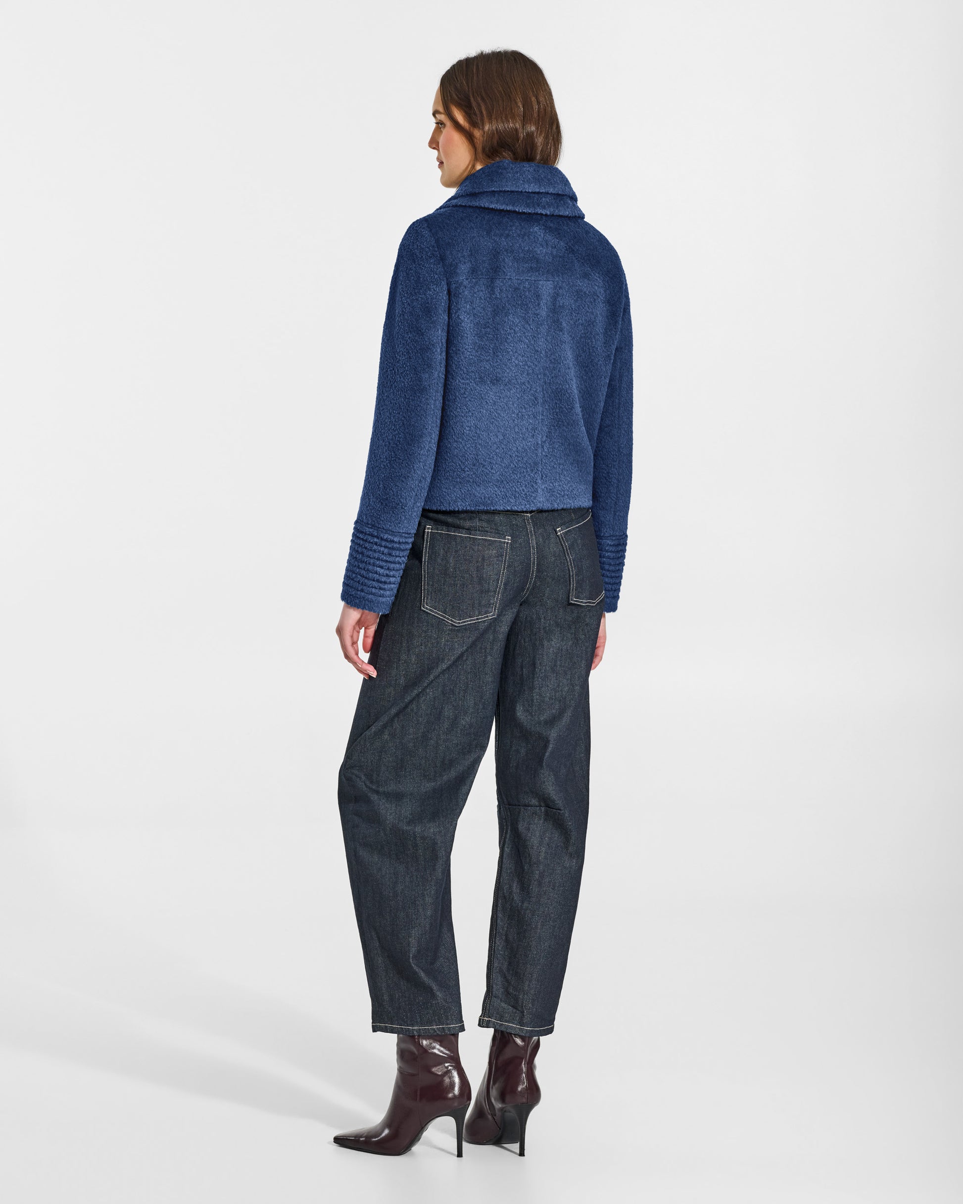 SENTALER Moto Jacket with Signature Double Collar in Classic Blue, Bouclé Alpaca. Worn by a female model, back view, buttoned.
