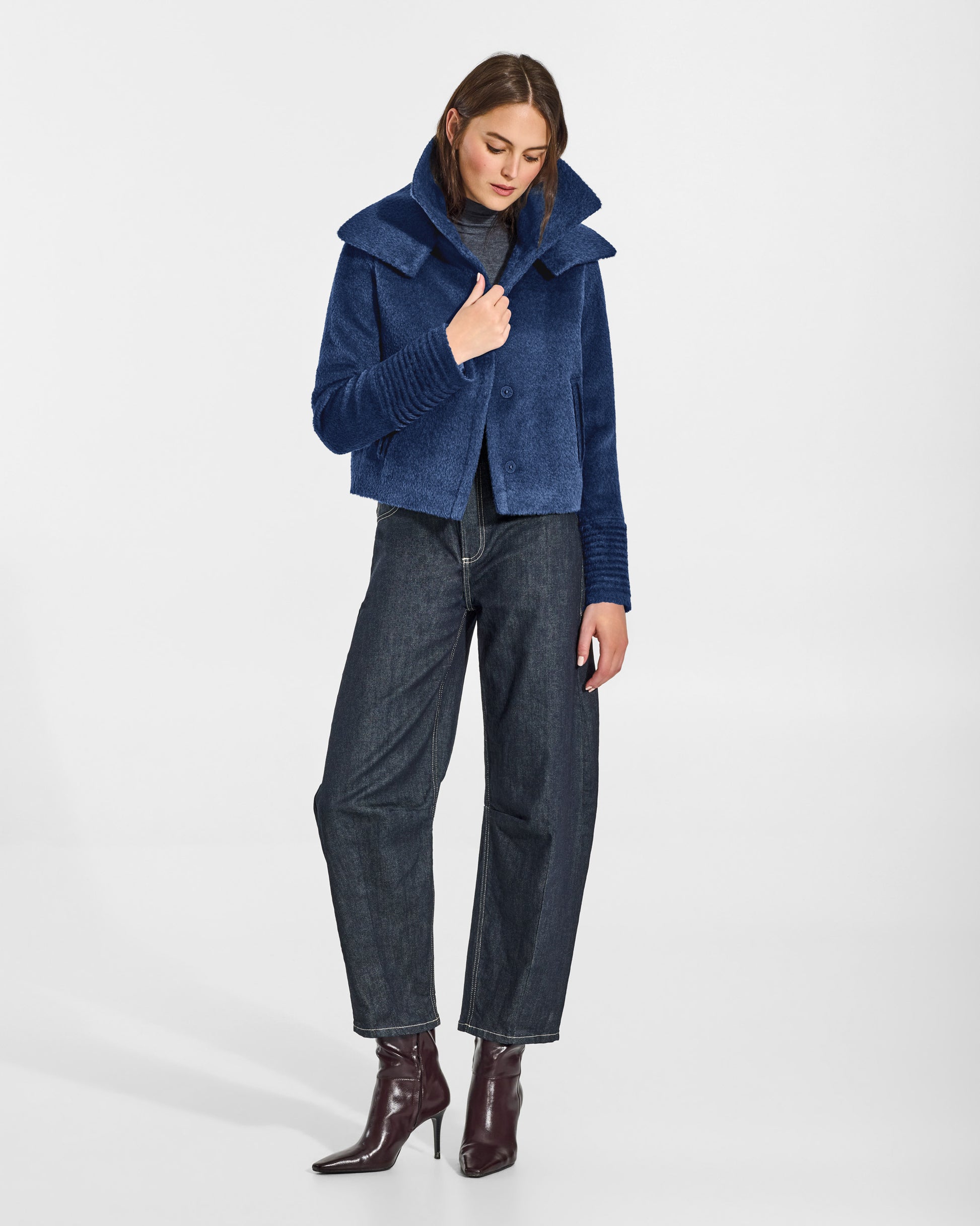 SENTALER Moto Jacket with Signature Double Collar in Classic Blue, Bouclé Alpaca. Worn by a female model, front view, opened.