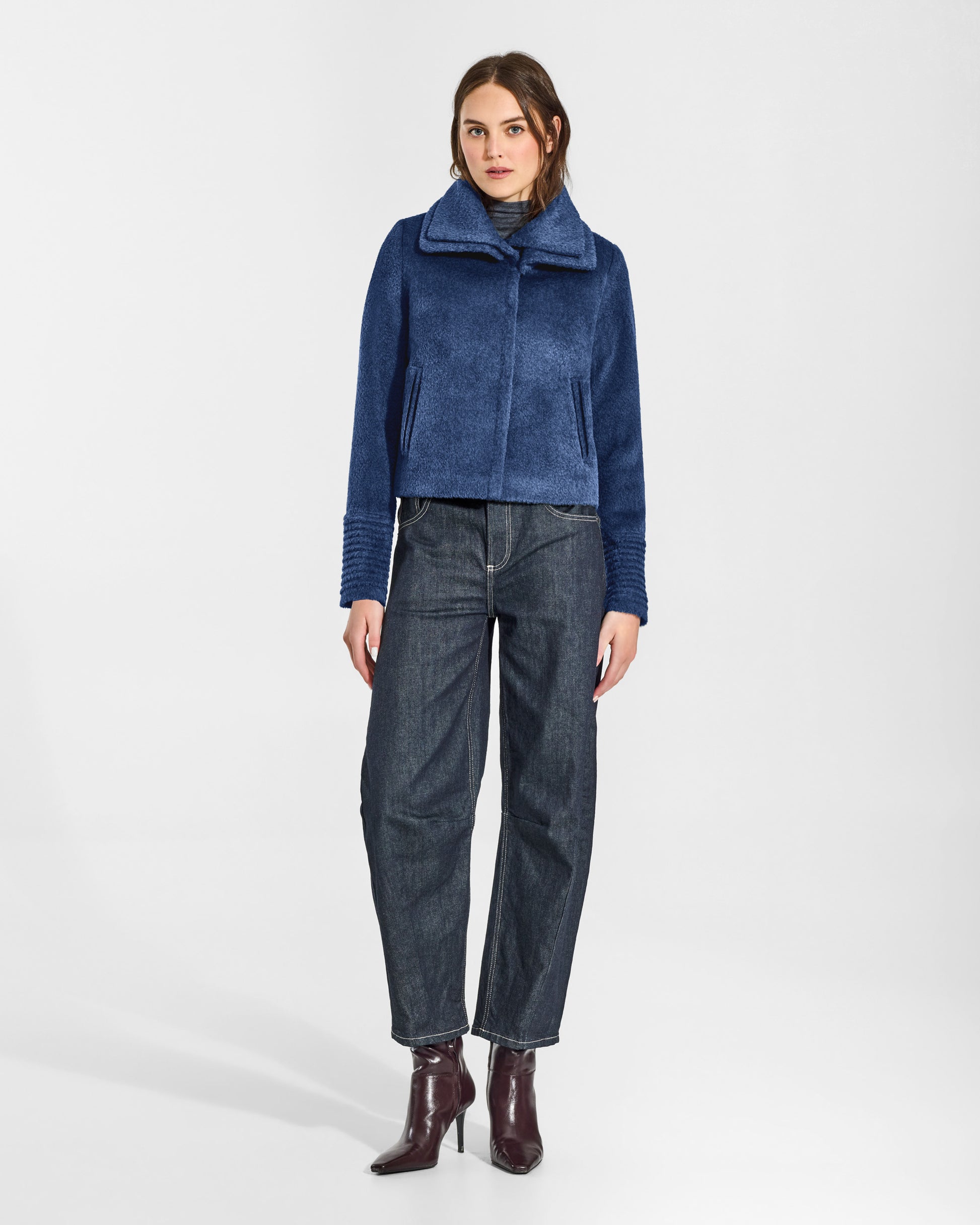 SENTALER Moto Jacket with Signature Double Collar in Classic Blue, Bouclé Alpaca. Worn by a female model, front view, buttoned.