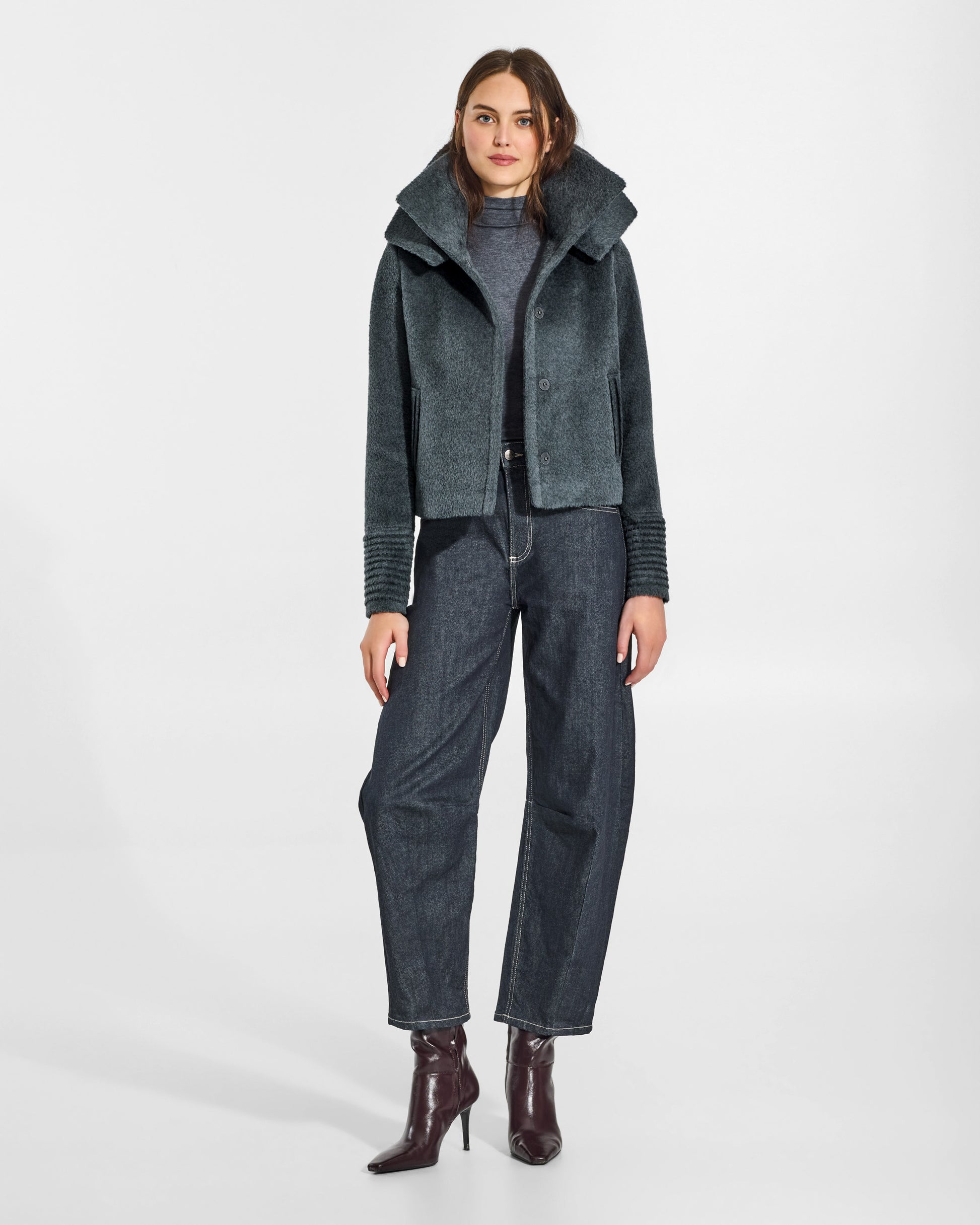 SENTALER Moto Jacket with Signature Double Collar in Graphite, Bouclé Alpaca. Worn by a female model, front view, open.