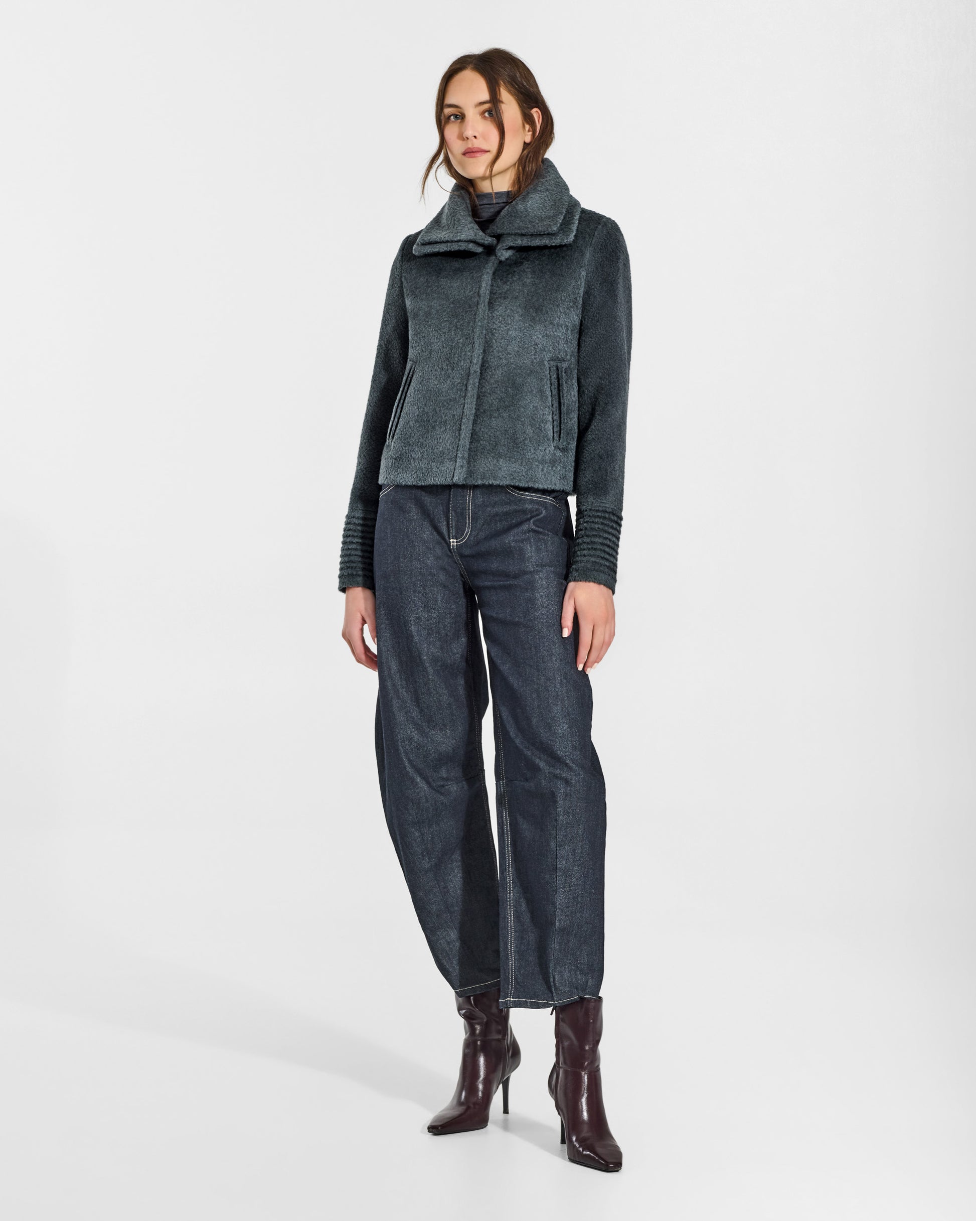 SENTALER Moto Jacket with Signature Double Collar in Graphite, Bouclé Alpaca. Worn by a female model, front view, buttoned.