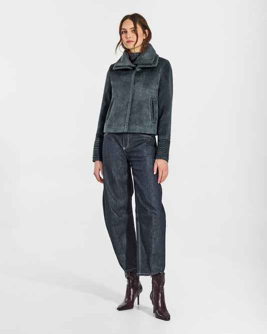 SENTALER Moto Jacket with Signature Double Collar in Graphite, Bouclé Alpaca. Worn by a female model, front view, buttoned.
