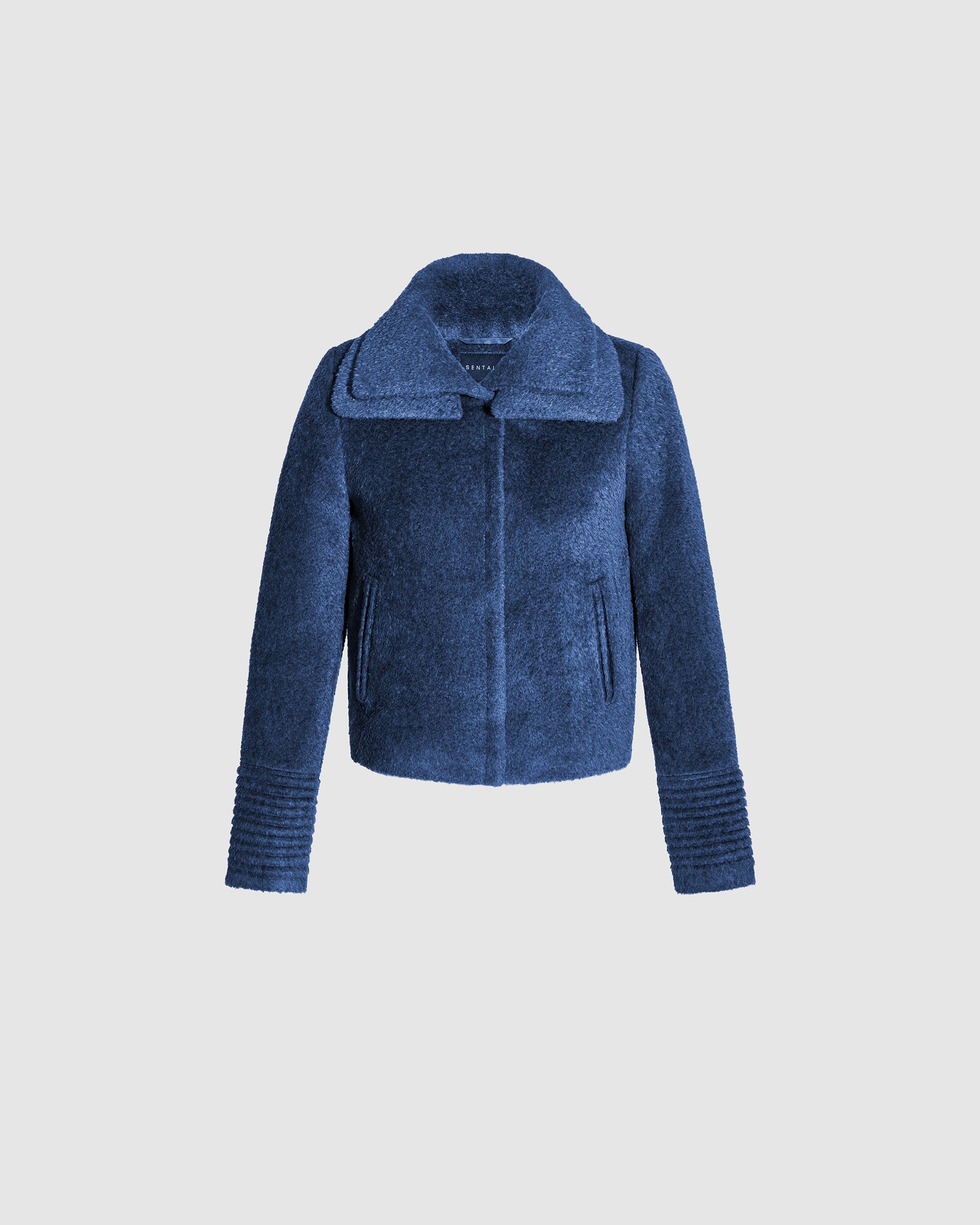 Sentaler classic blue moto jacket made of bouclé alpaca wool with a double collar, buttoned.