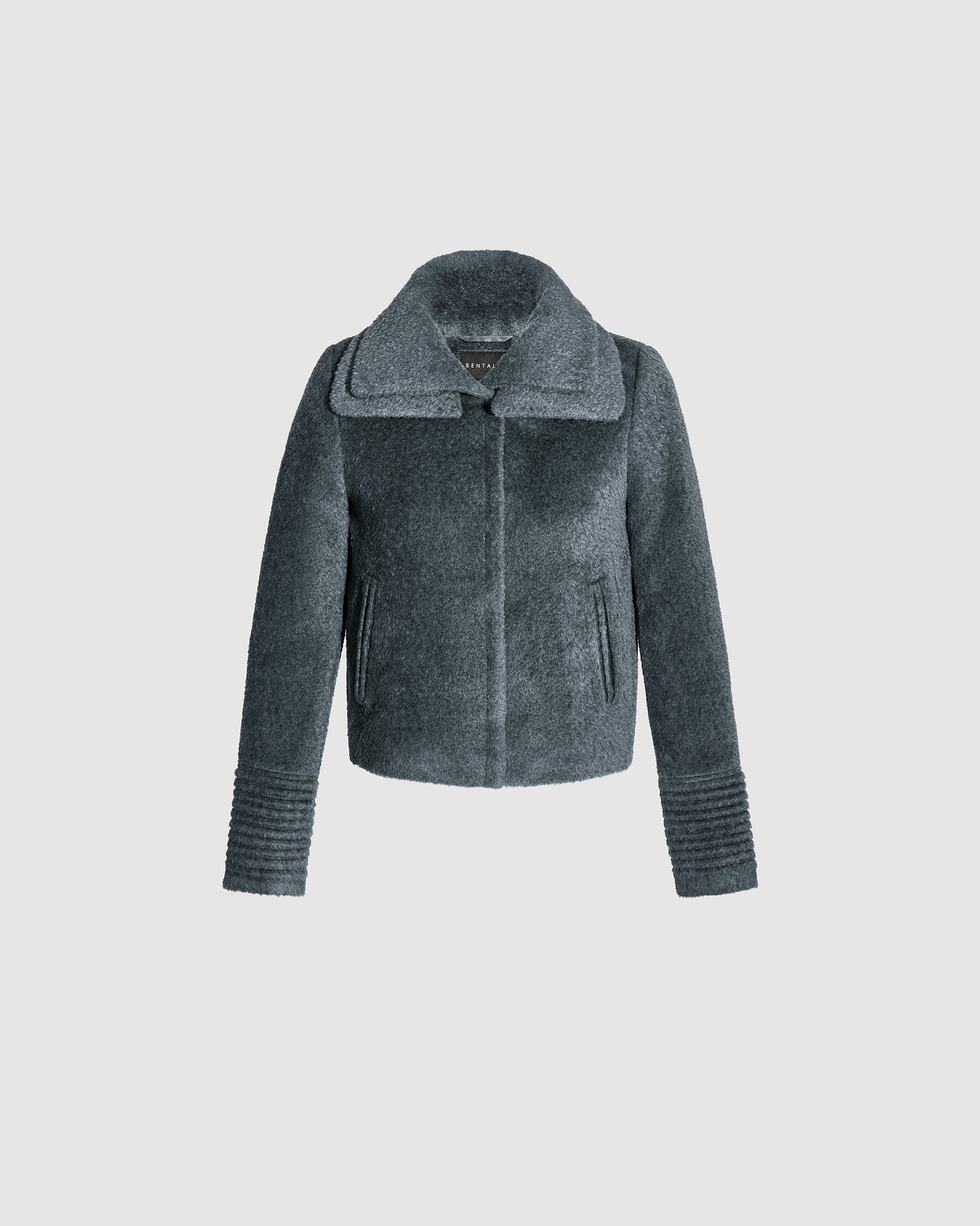 SENTALER Moto Jacket with Signature Double Collar in Graphite, Bouclé Alpaca. Off-figure, buttoned.