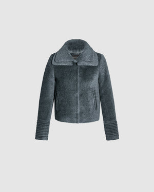 SENTALER Moto Jacket with Signature Double Collar in Graphite, Bouclé Alpaca. Off-figure, buttoned.