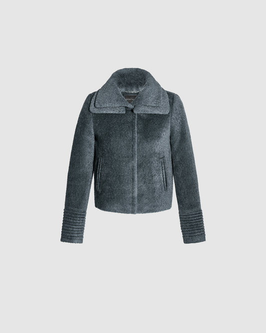 SENTALER Moto Jacket with Signature Double Collar in Graphite, Bouclé Alpaca. Off-figure, buttoned.