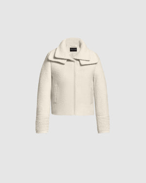 SENTALER Moto Jacket with Signature Double Collar in Ivory, Bouclé Alpaca. Off-figure, belted.