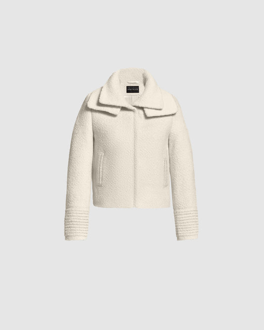SENTALER Moto Jacket with Signature Double Collar in Ivory, Bouclé Alpaca. Off-figure, belted.