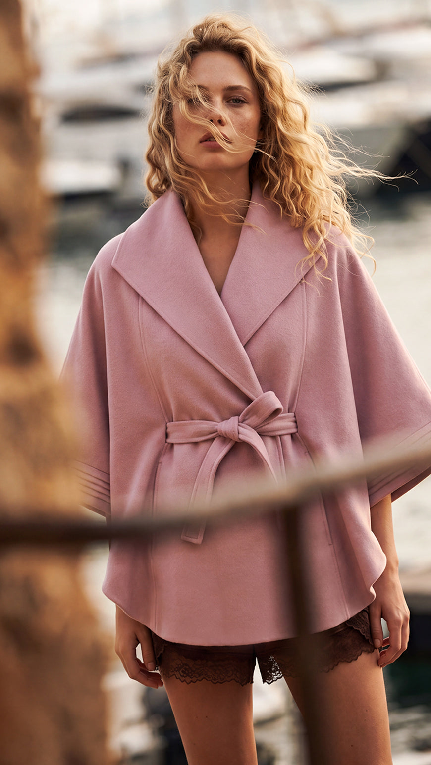 SENTALER Cape with Shawl Collar and Belt in Pink Frost, Baby Alpaca — worn by a female model, front view, belted.