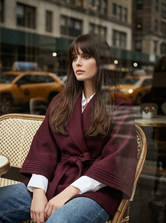 SENTALER Cape with Shawl Collar and Belt in Cherry Lacquer, Baby Alpaca — worn by a female model sitting at a cafe.