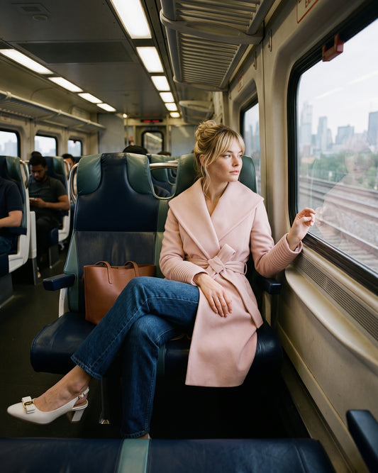 SENTALER Mid Length Shawl Collar Wrap Coat in Blush Pink, Baby Alpaca — worn by a female model sitting on a train.