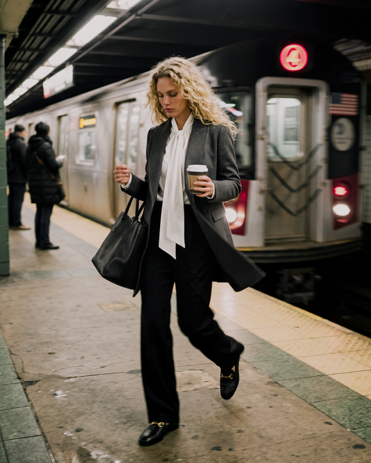 SENTALER Peak Collar Topcoat in Graphite, Baby Alpaca — worn by a female model coming off the subway in New York City.