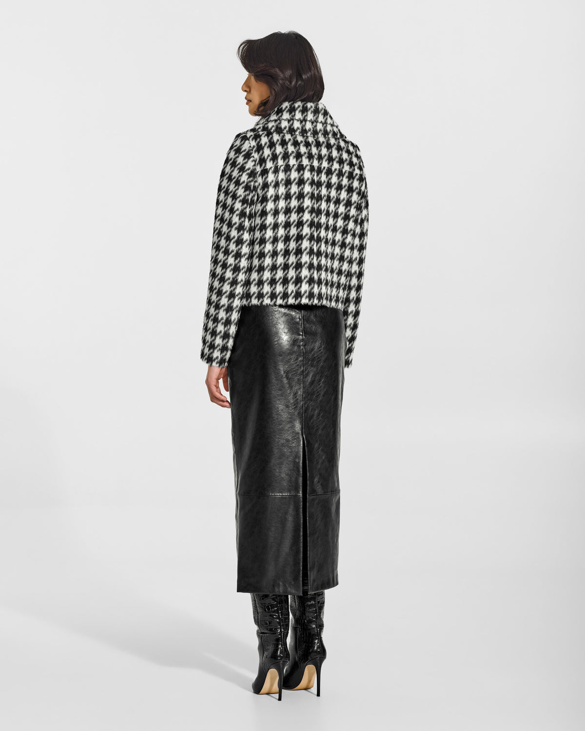 SENTALER Moto Jacket with Signature Double Collar in Houndstooth, Suri Alpaca. Worn by a female model, back view.