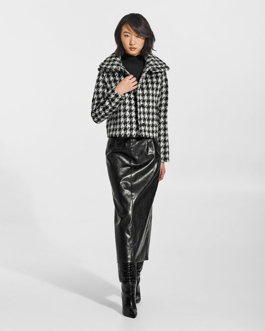 SENTALER Moto Jacket with Signature Double Collar in Houndstooth, Suri Alpaca. Worn by a female model, front view, open.