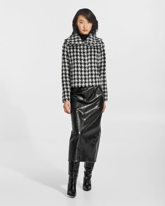 SENTALER Moto Jacket with Signature Double Collar in Houndstooth, Suri Alpaca. Worn by a female model, front view, buttoned.
