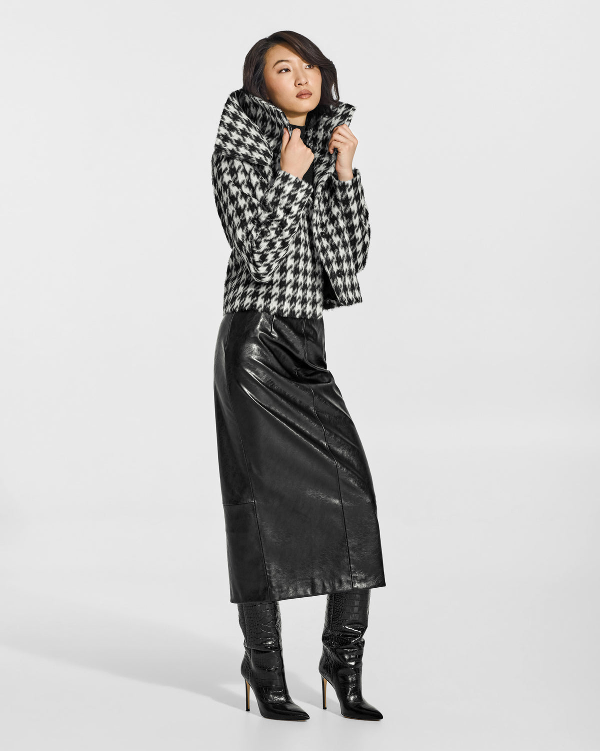 SENTALER Moto Jacket with Signature Double Collar in Houndstooth, Suri Alpaca. Worn by a female model, side view, open.