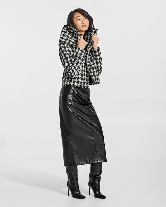 SENTALER Moto Jacket with Signature Double Collar in Houndstooth, Suri Alpaca. Worn by a female model, side view, open.