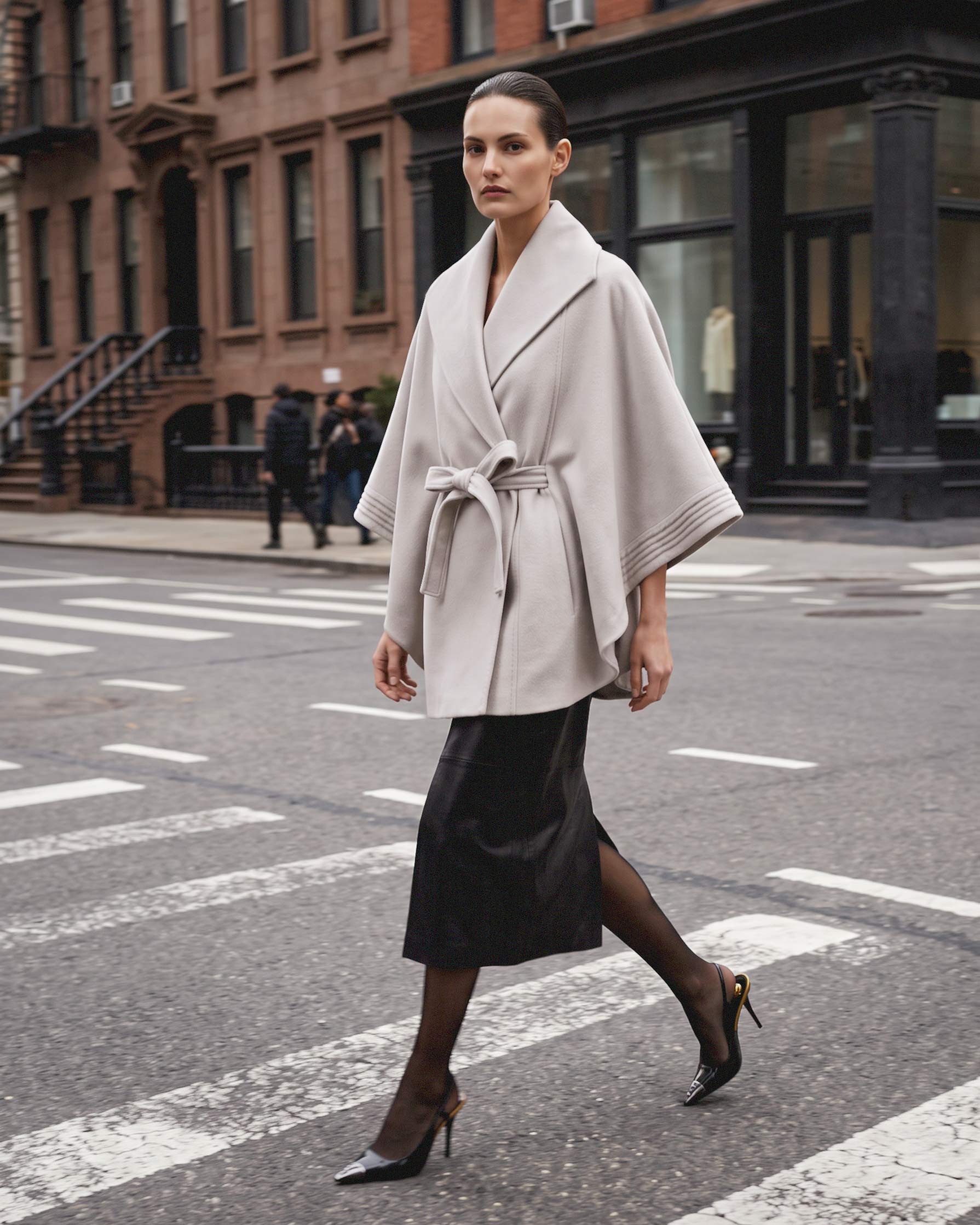 Baby Alpaca Cape with Shawl Collar and Belt in Bleeker Beige. SENTALER cape worn by a female model crossing a city street.