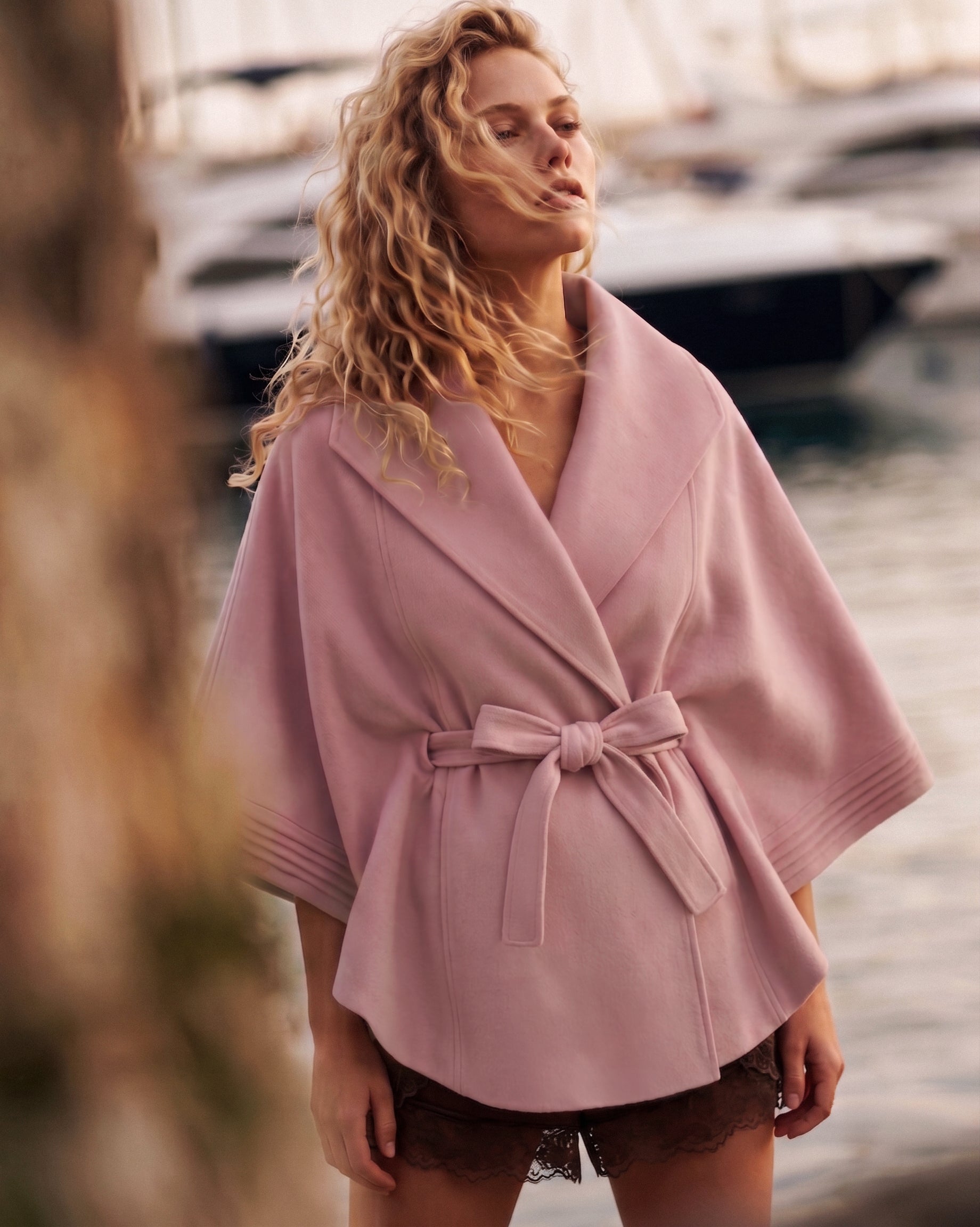SENTALER Cape with Shawl Collar and Belt in Pink Frost, Baby Alpaca — worn by a female model, front view, belted.