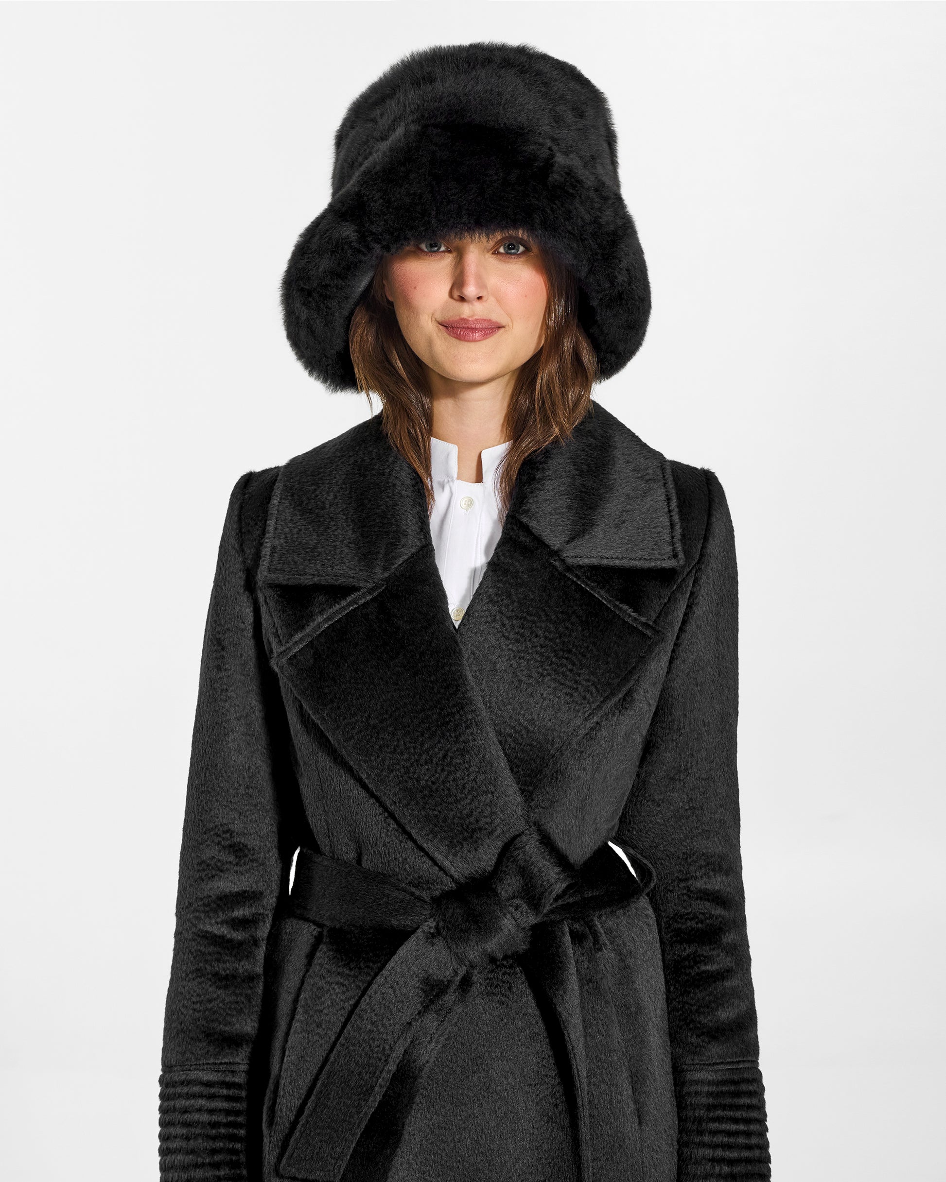 SENTALER Oversized Shearing Bucket Hat in Black, Alpaca Shearling. Worn by a female model, front view, close-up.