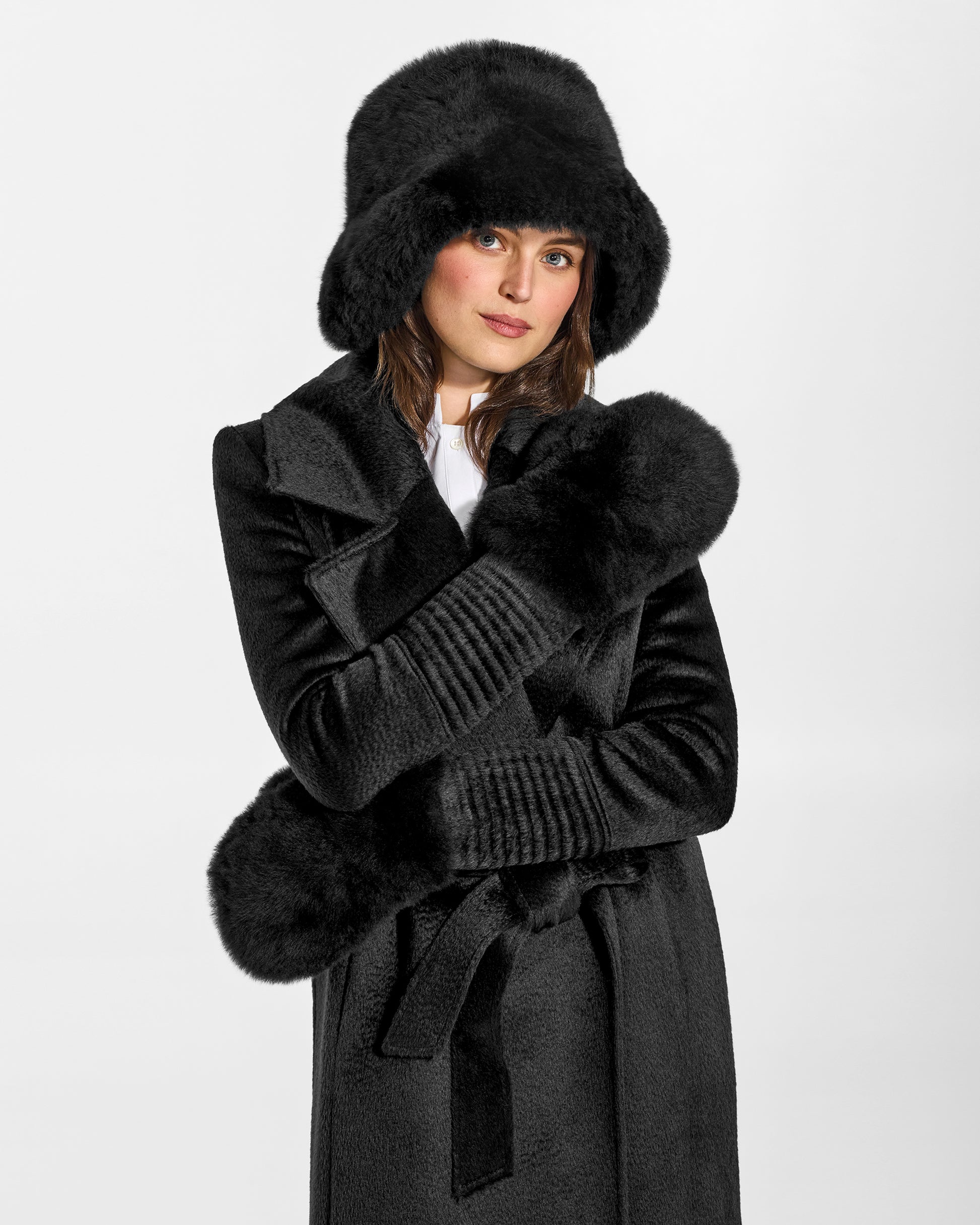 SENTALER Oversized Shearing Bucket Hat in Black, Alpaca Shearling. Worn by a female model, front view.