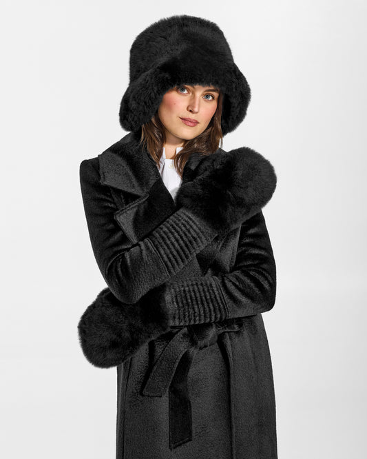 SENTALER Oversized Shearing Bucket Hat in Black, Alpaca Shearling. Worn by a female model, front view.