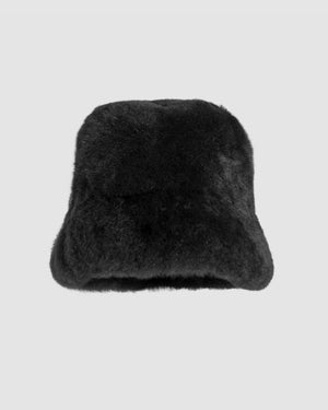 SENTALER Oversized Shearing Bucket Hat in Black, Alpaca Shearling. Off-figure.