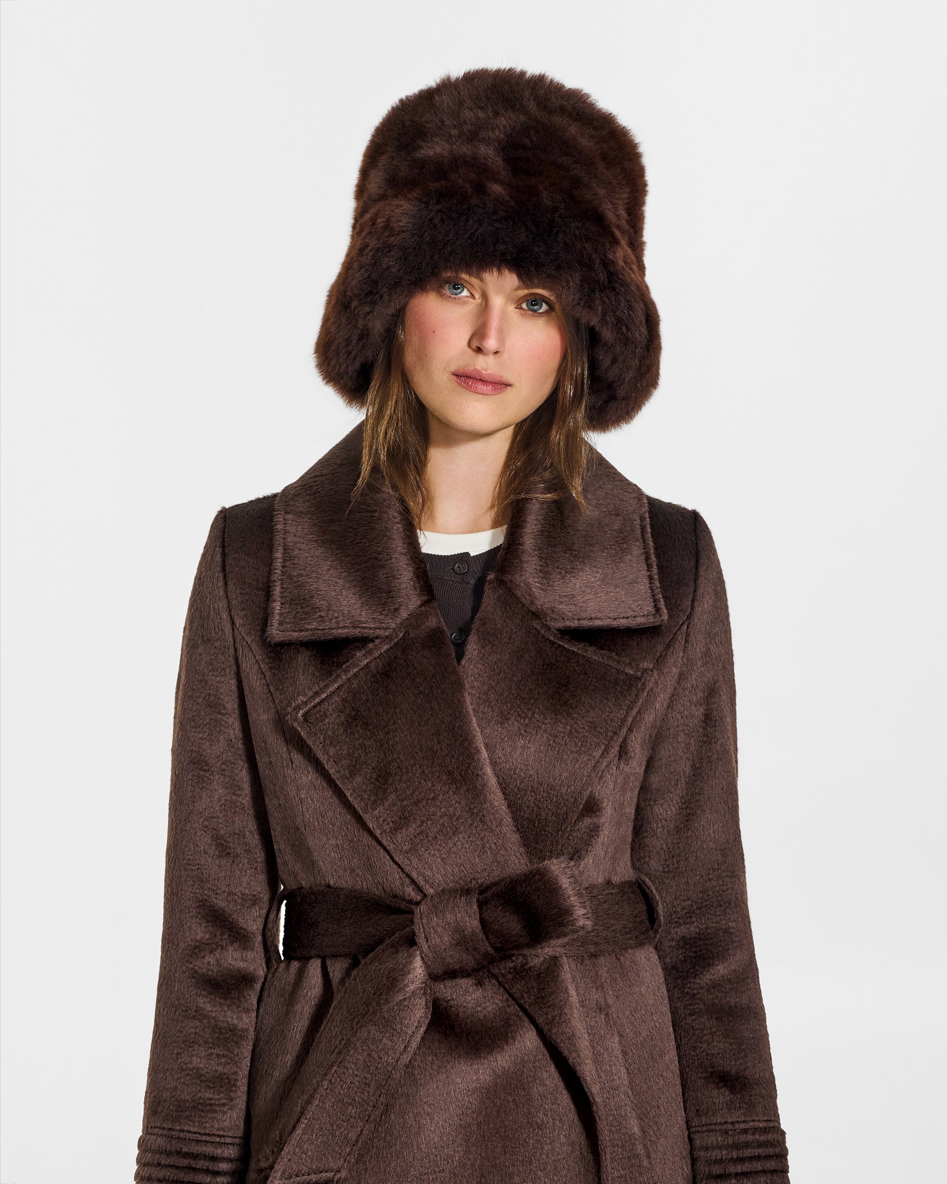 SENTALER Oversized Shearing Bucket Hat in Chocolate Brown, Alpaca Shearling. Worn by a female model, front view, close-up.