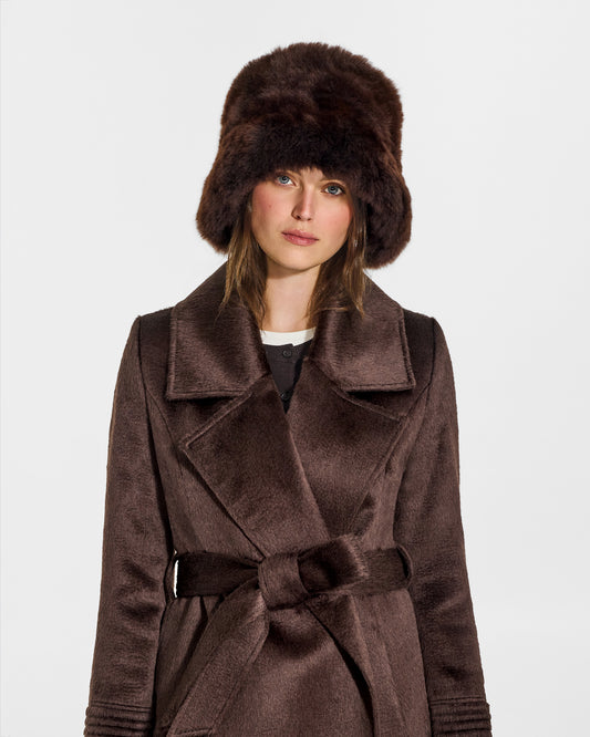 SENTALER Oversized Shearing Bucket Hat in Chocolate Brown, Alpaca Shearling. Worn by a female model, front view, close-up.