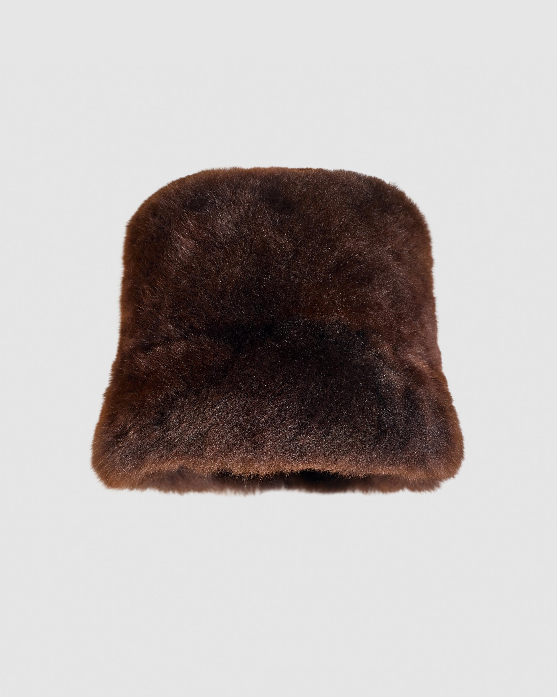 SENTALER Oversized Shearing Bucket Hat in Chocolate Brown, Alpaca Shearling. Off-figure.