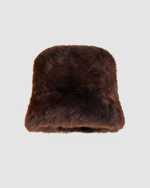 SENTALER Oversized Shearing Bucket Hat in Chocolate Brown, Alpaca Shearling. Off-figure.