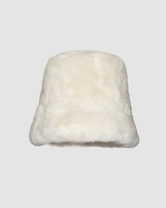 SENTALER Oversized Shearing Bucket Hat in Ivory, Alpaca Shearling. Off-figure.