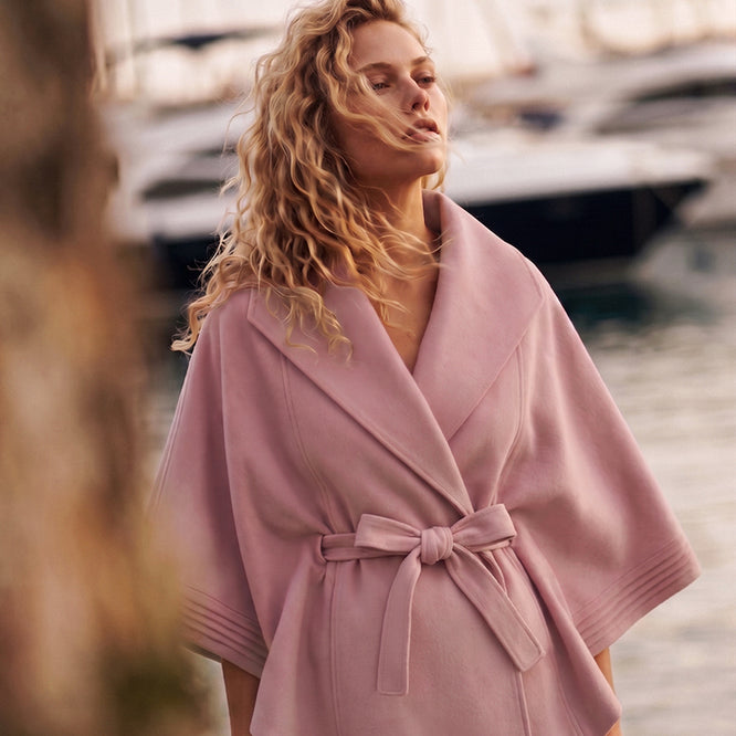 SENTALER Baby Alpaca Cape with Shawl Collar and Belt in Pink Frost - seen on female model, from front, belted.