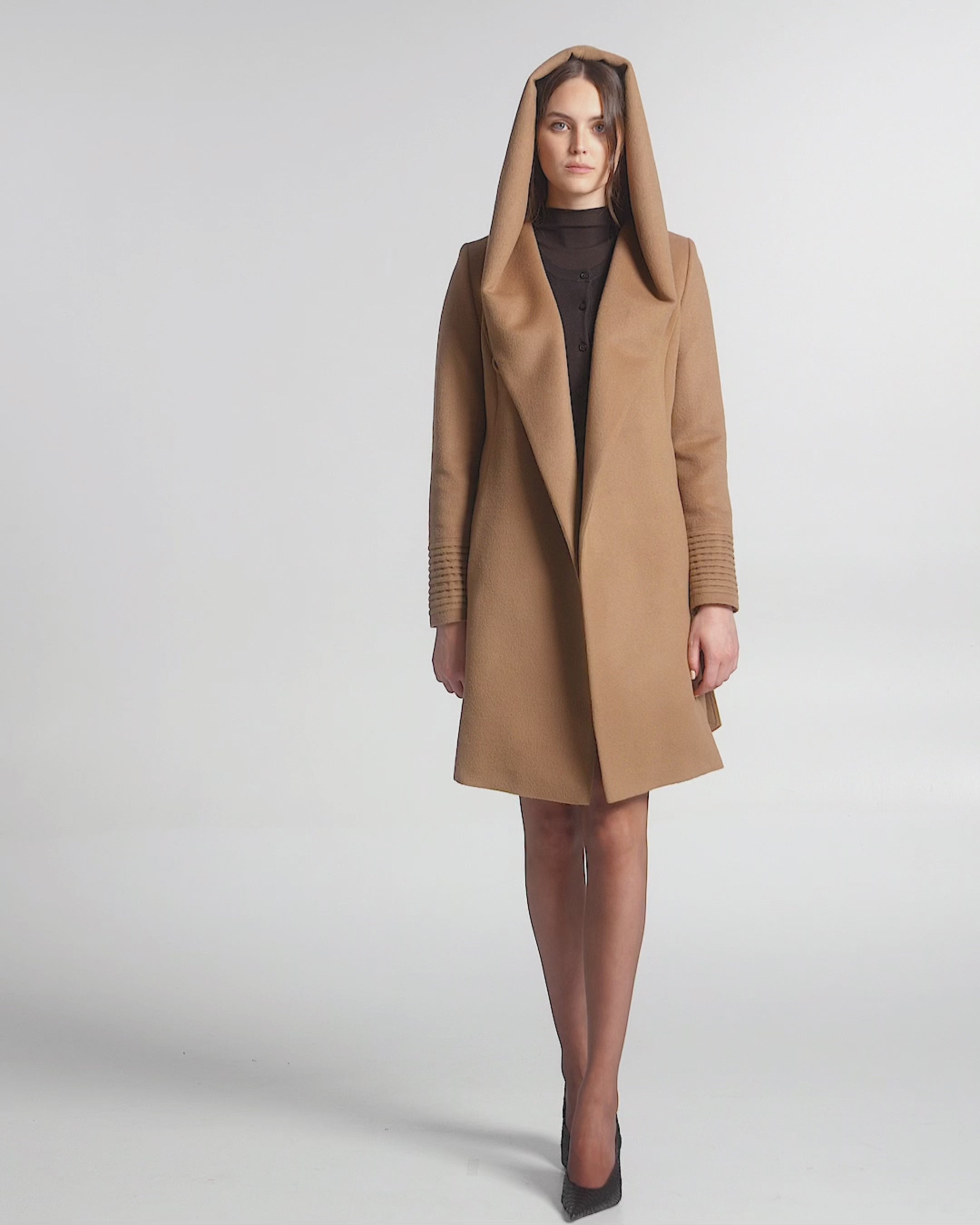Baby Alpaca Mid Length Hooded Wrap Coat - Dark Camel – SENTALER