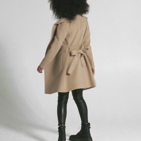 Sentaler Mid Length Shawl Collar Wrap Camel Coat in Baby Alpaca wool. Seen as product video on female model.