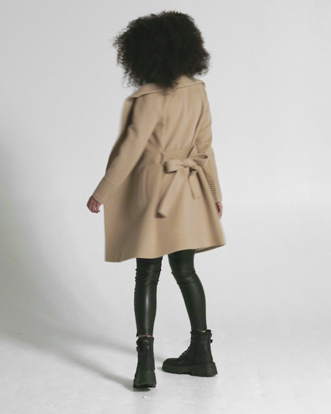 Sentaler Mid Length Shawl Collar Wrap Camel Coat in Baby Alpaca wool. Seen as product video on female model.