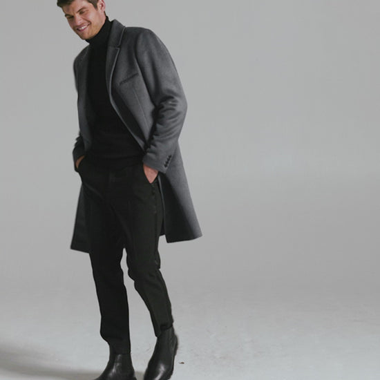 Sentaler Suri Alpaca Notched Lapel Bold Graphite Overcoat in Suri Alpaca wool. Seen as product video on male model.