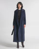 SENTALER Maxi Notched Collar Wrap Coat in Deep Navy, Suri Alpaca. Product video, worn by a female model, full-length and detail views of the fabric and finishing.